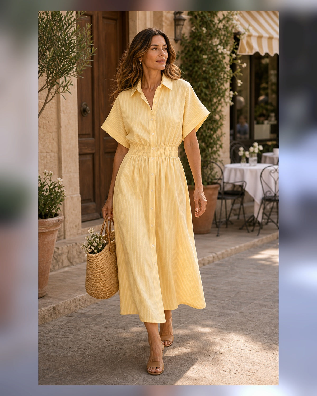Abito Chemisier Rosa con Vita Arricciata - Giallo, look estate elegante