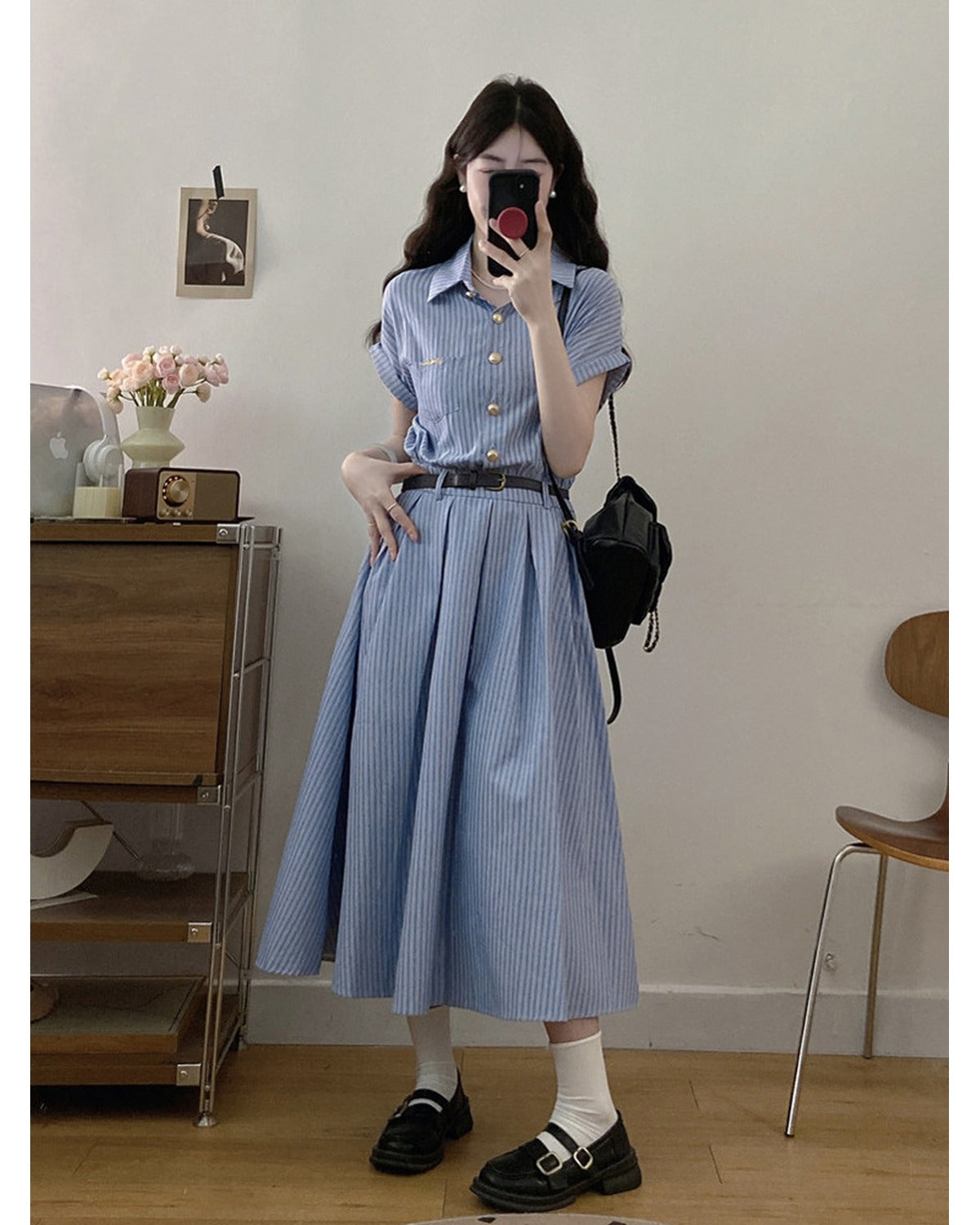 Abito Camicia Midi a Righe Blu - SLK
