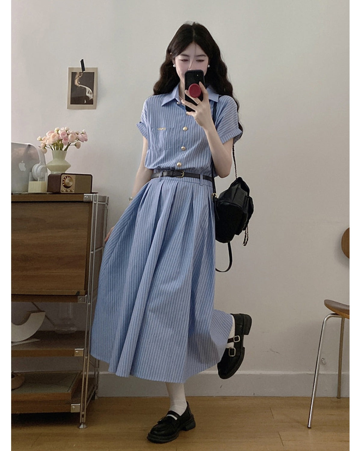 Abito Camicia Midi a Righe Blu - SLK