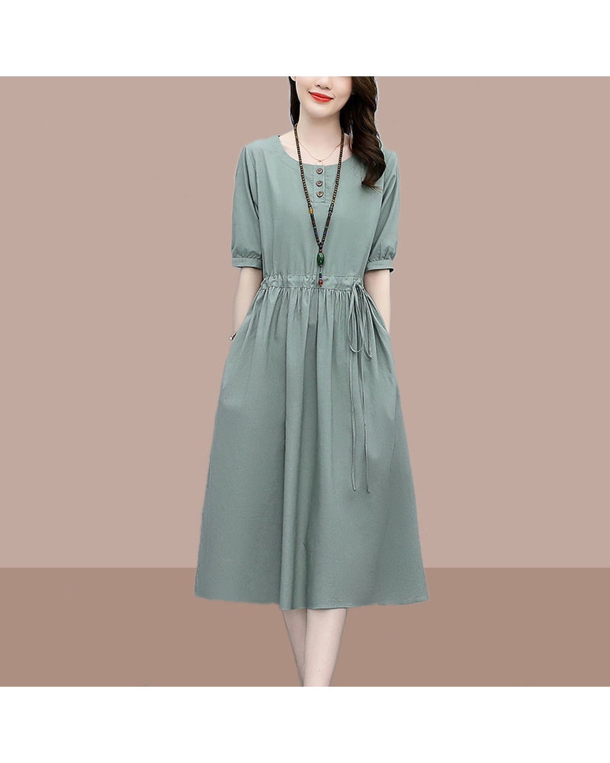 Abito Midi in Cotone Lino con Vita Definita