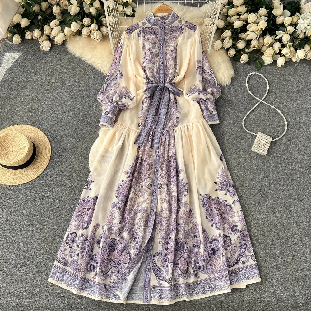Abito Midi Boho Chiffon Manica Lunga - Lilla chiaro
