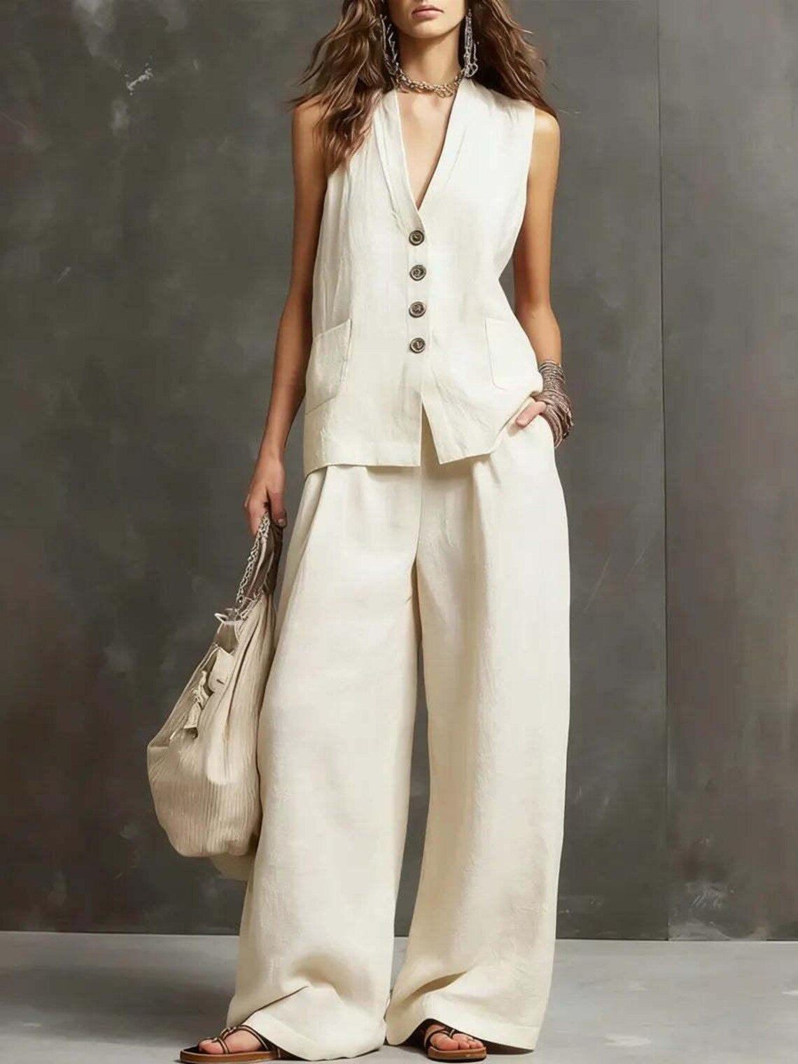 Completo Gilet Scuro e Pantaloni Palazzo - Grigio chiaro