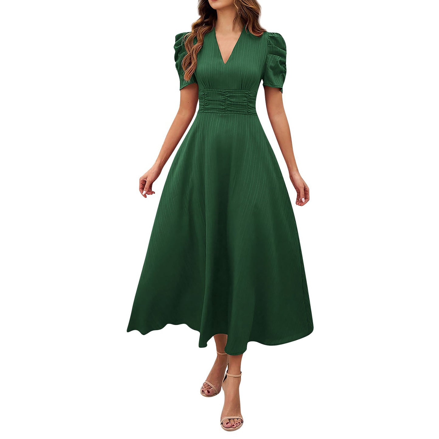Abito midi con scollo a V e vita alta - Verde oliva