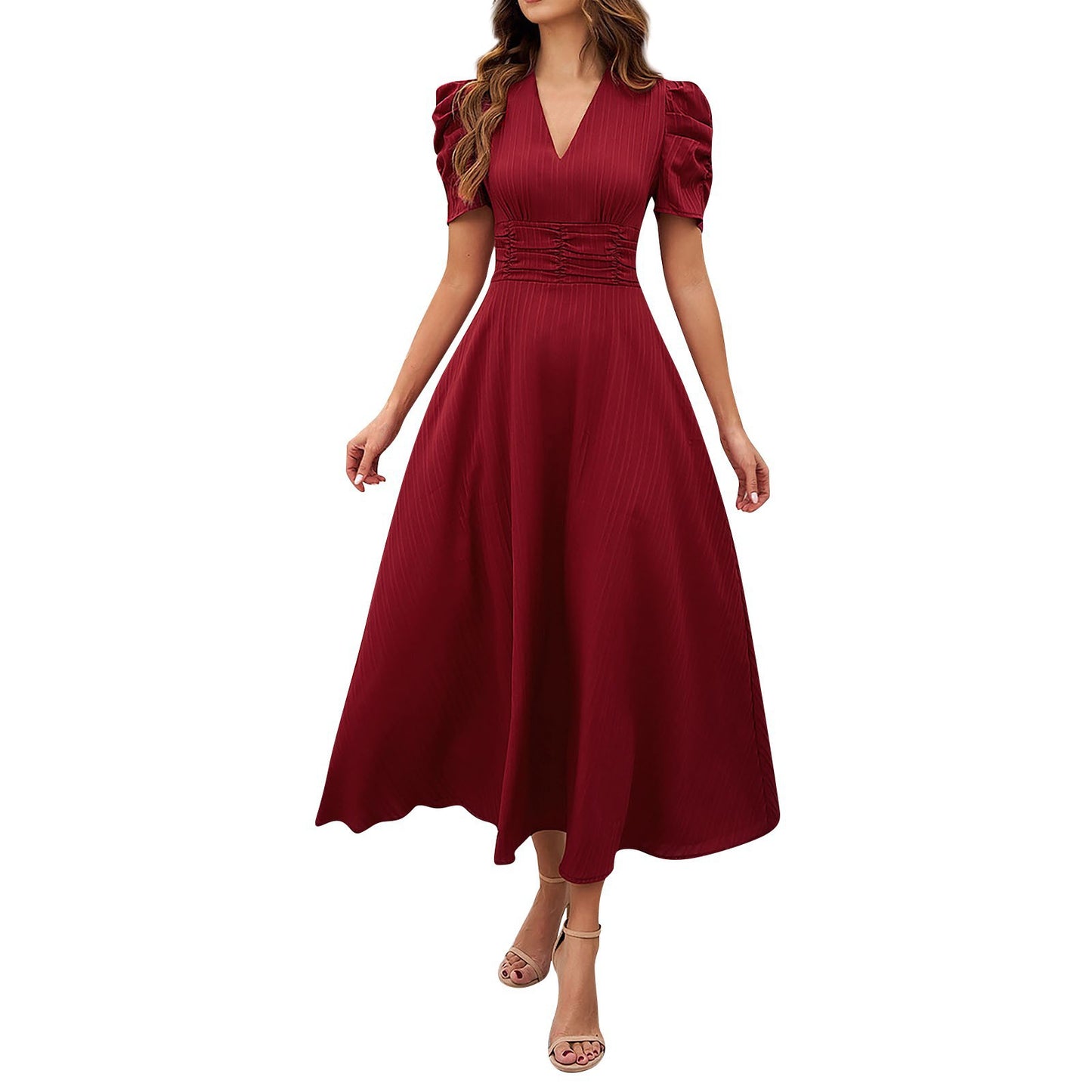 Abito midi con scollo a V e vita alta - Rosso