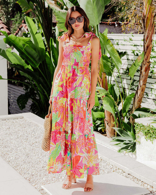 Abito Boho Tropicale con Spalline Annodate - Rosso tropicale