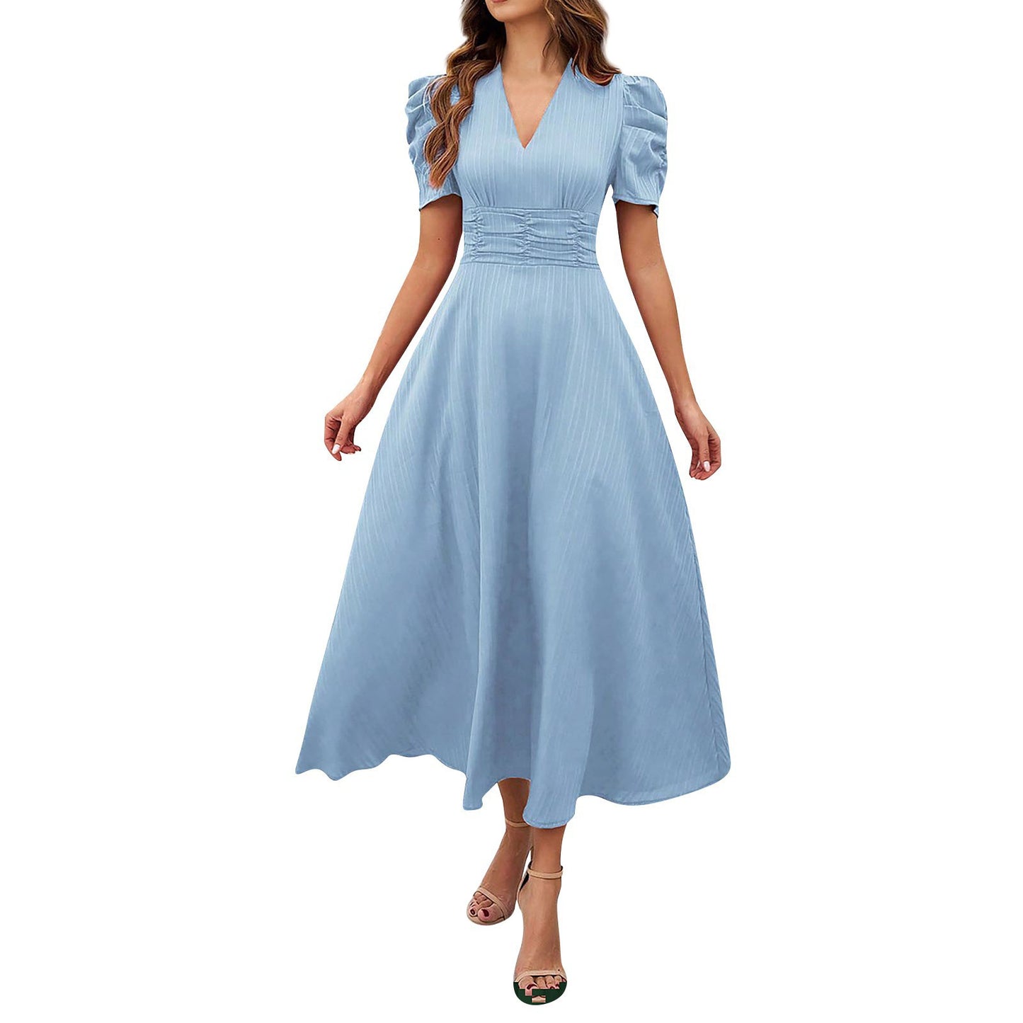 Abito midi con scollo a V e vita alta - Azzurro chiaro
