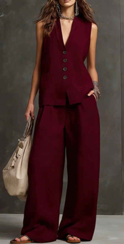 Completo Gilet Rosa Cipria e Pantaloni Ampi - Nero