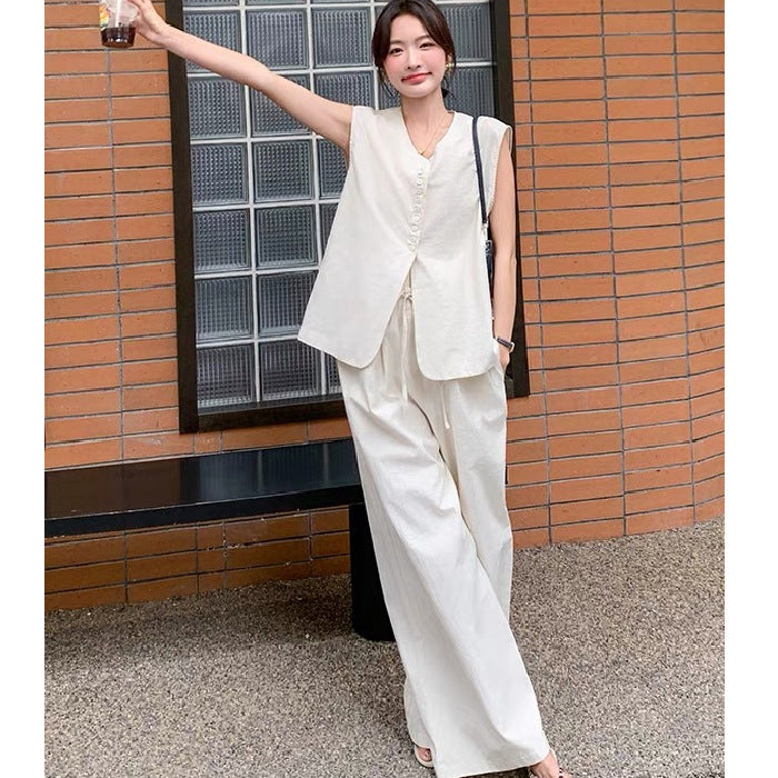 Completo Gilet Bianco e Pantaloni a Vita Alta - Beige lino