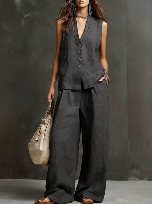 Completo Gilet Scuro e Pantaloni Palazzo - Grigio