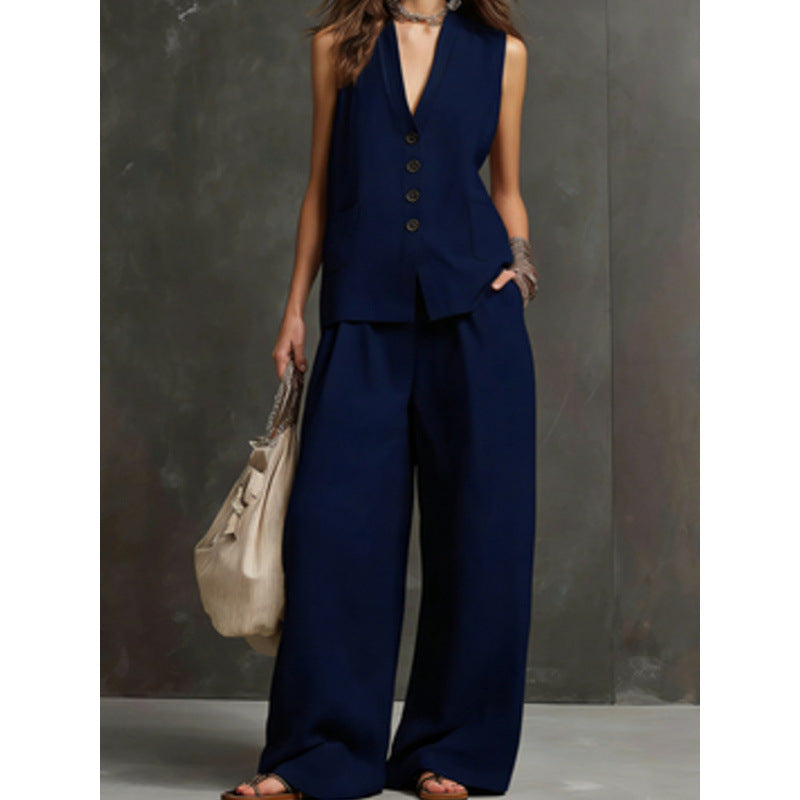 Completo gilet blu navy con pantaloni ampi