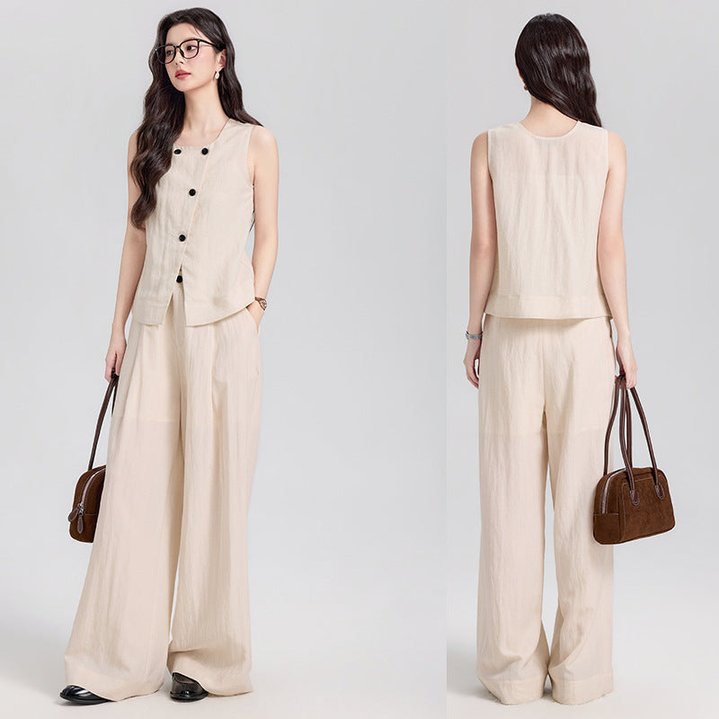 Completo Gilet Pulito e Pantaloni Ampi Avena - Beige lino
