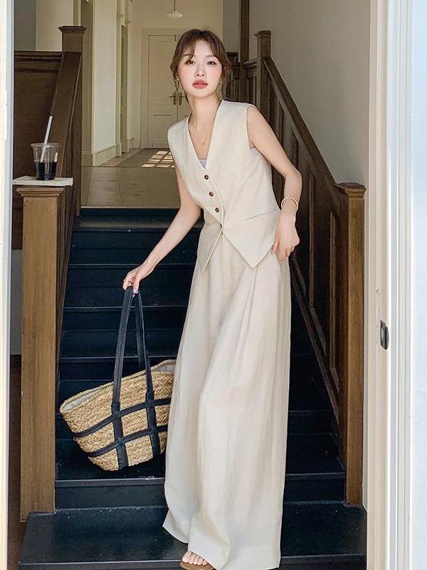Completo Gilet Effetto Lino Old Money - Avorio