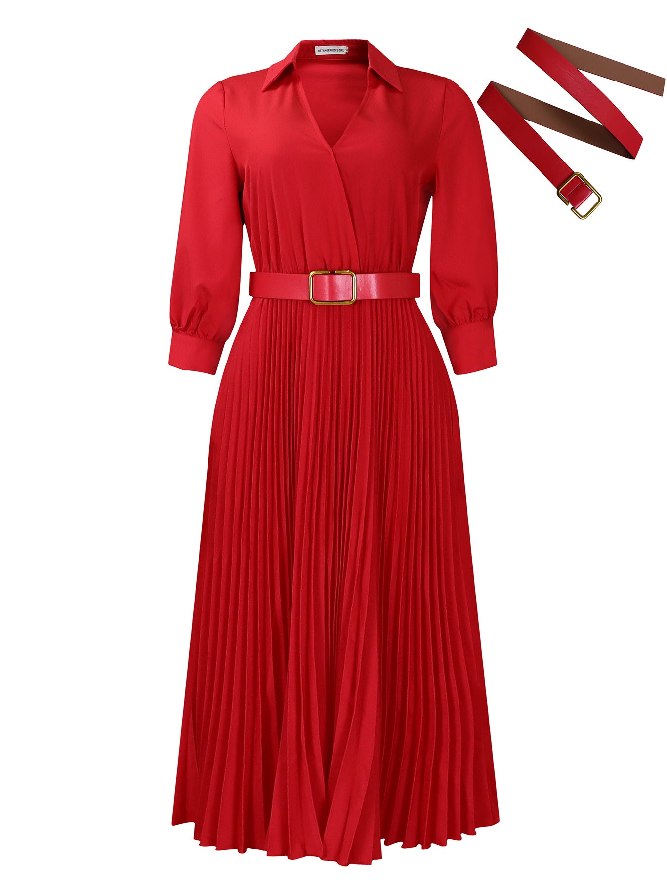 Abito curvy linea ad A - Rosso con cintura