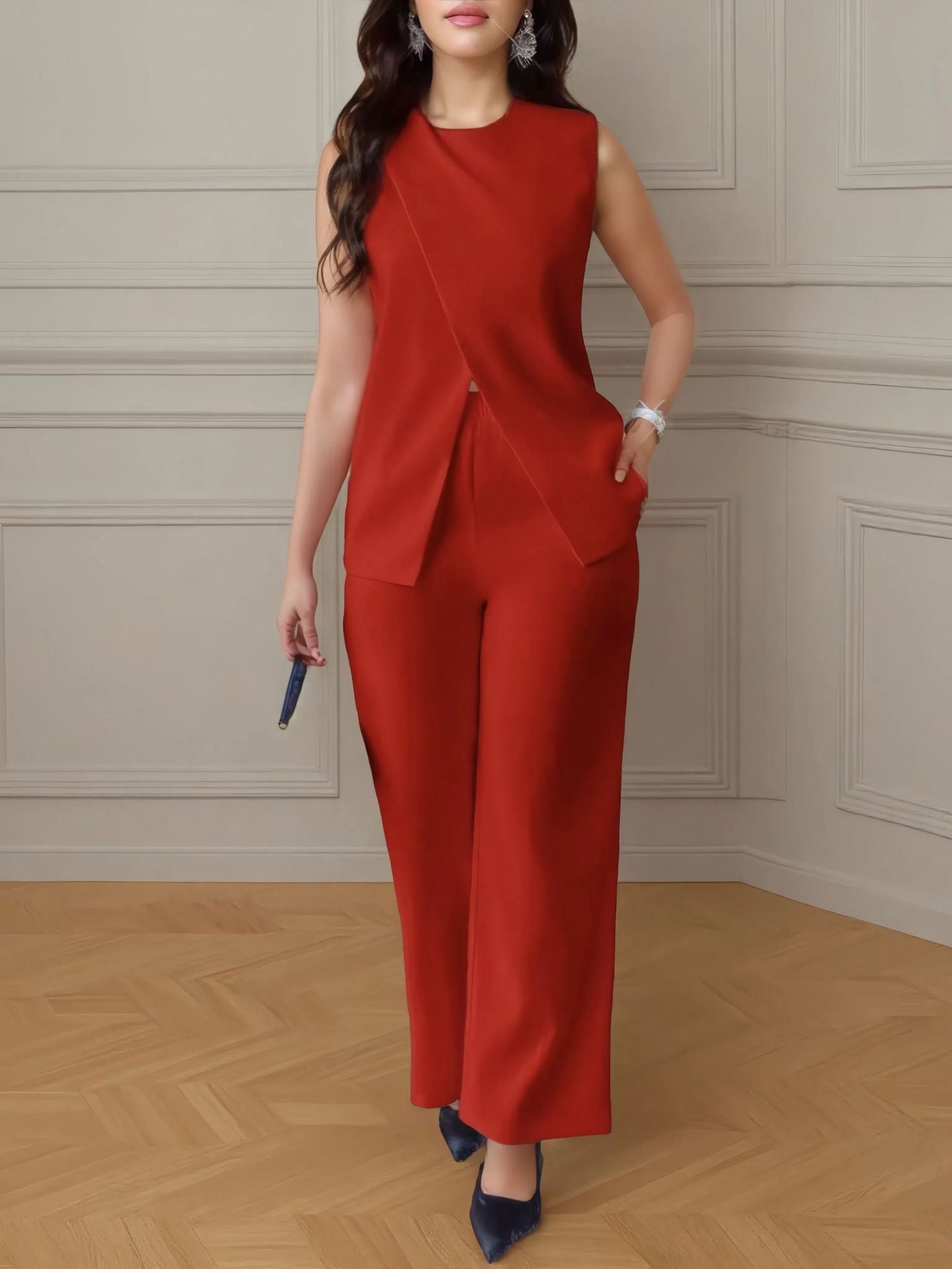 Completo Gilet con Cintura e Pantaloni Ampi - Nero