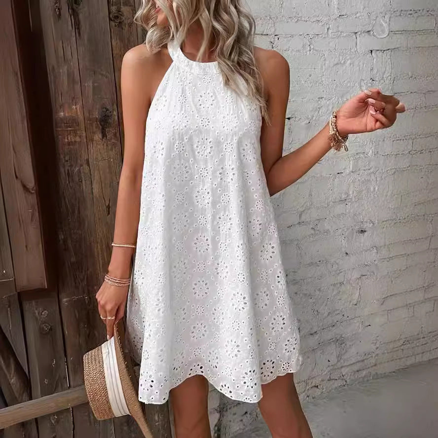 Abito Bianco Halter Ricamato con Bottoni
