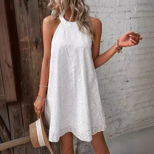 Abito Bianco Halter Ricamato con Bottoni