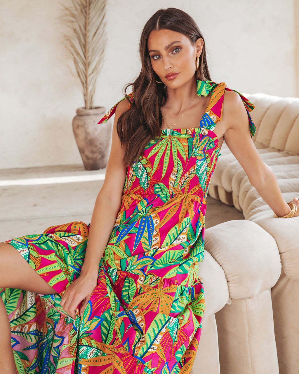 Abito Boho Tropicale con Spalline Annodate - Verde tropicale dettaglio