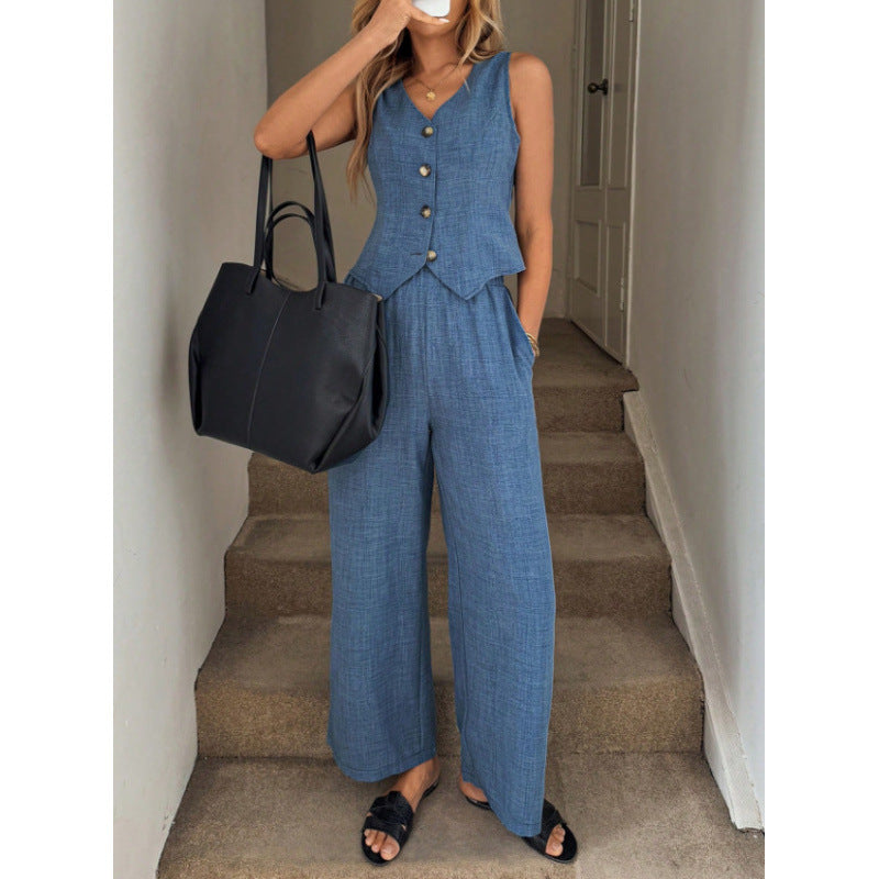 Completo Gilet V e Pantaloni Ampi Blu Lino - Blu