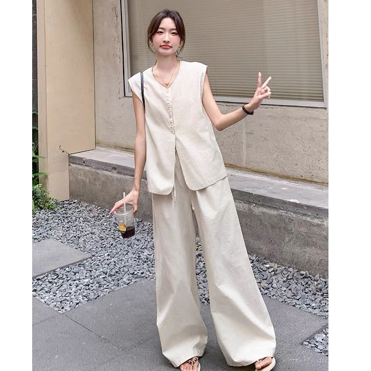 Completo Gilet Bianco e Pantaloni a Vita Alta - Beige lino