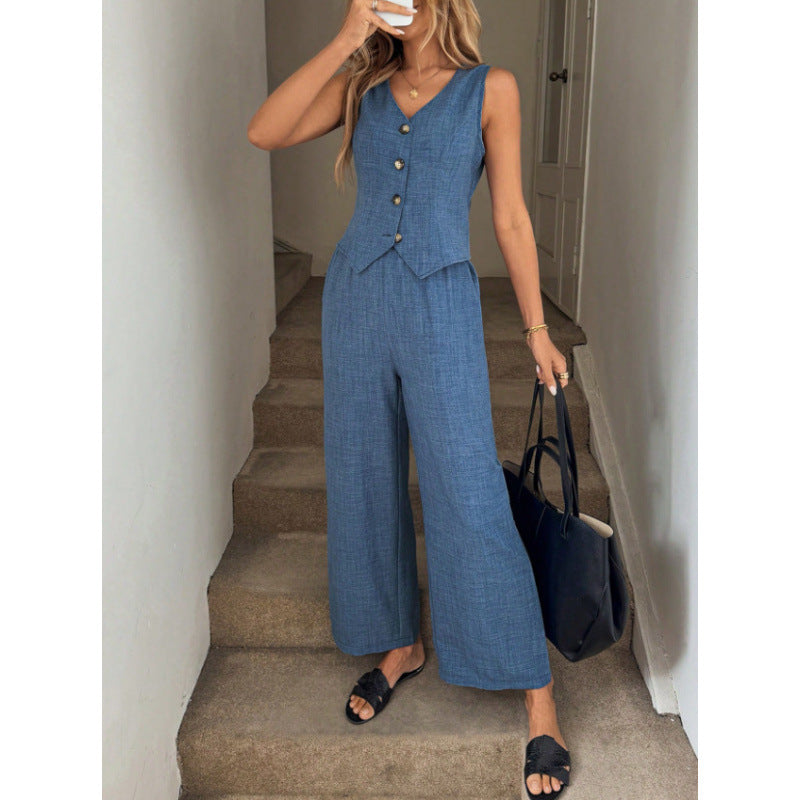 Completo Gilet V e Pantaloni Ampi Blu Lino - Blu