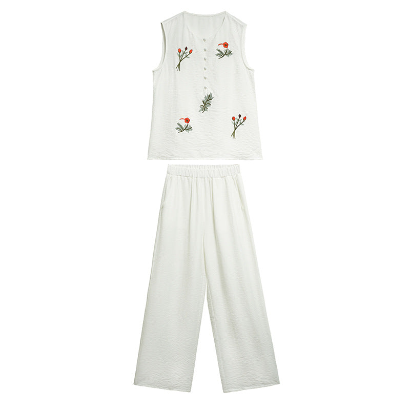 Completo Gilet Ricamato e Pantaloni Palazzo - Bianco