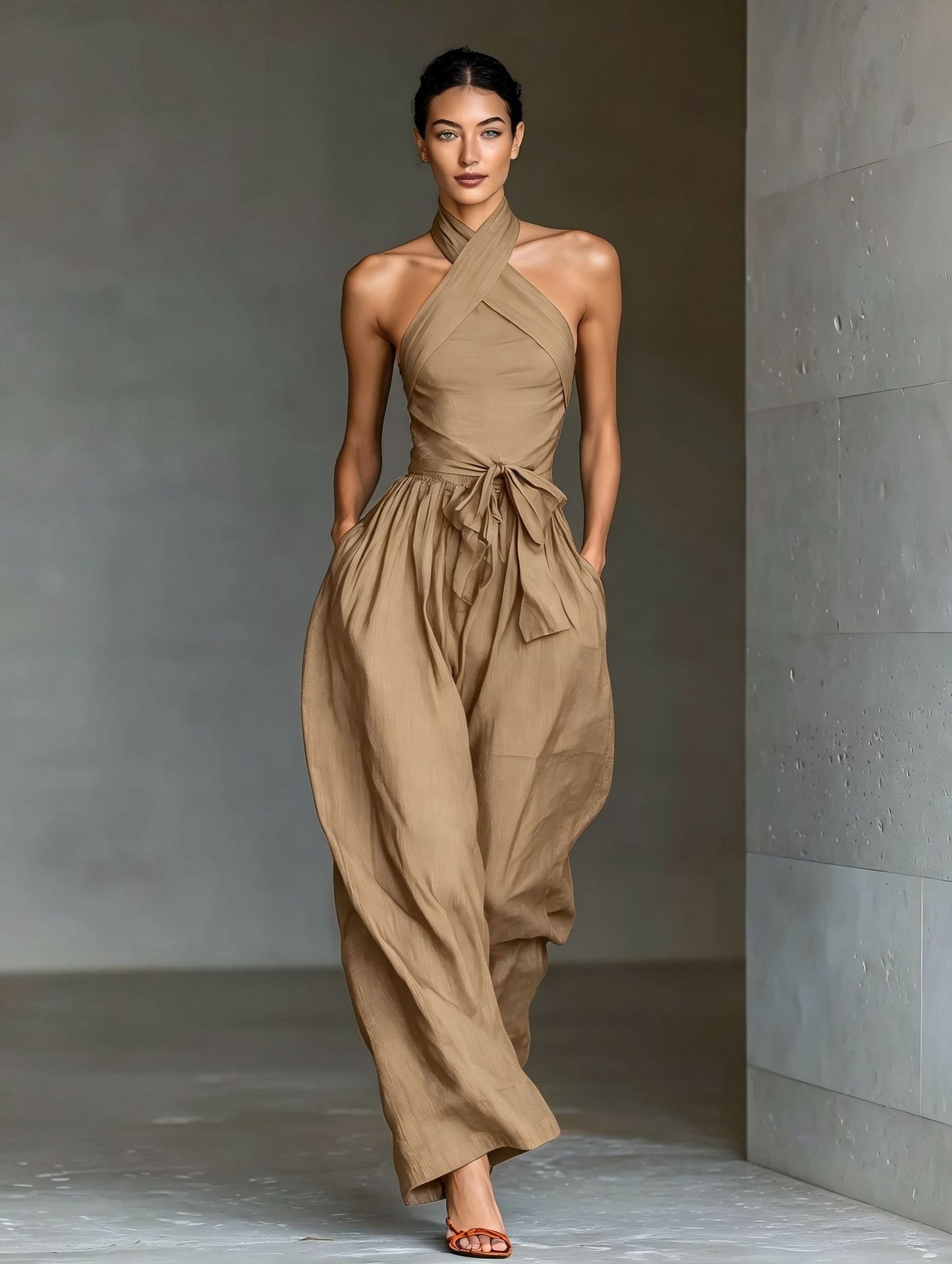 Tuta Incrociata Palazzo Effetto Lino - Khaki