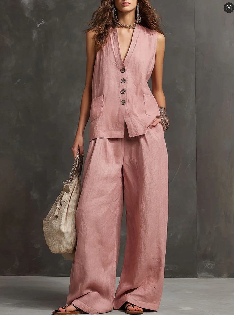 Completo Gilet Rosa Cipria e Pantaloni Ampi - Nero