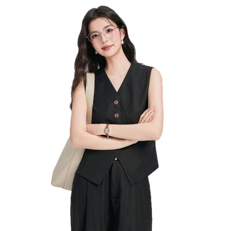 Completo Gilet Strutturato e Pantaloni Palazzo Effetto Lino - Nero