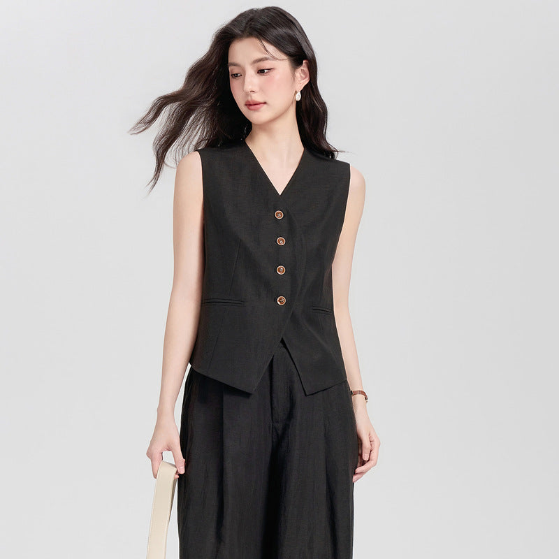 Completo Gilet Strutturato e Pantaloni Palazzo Effetto Lino - Nero