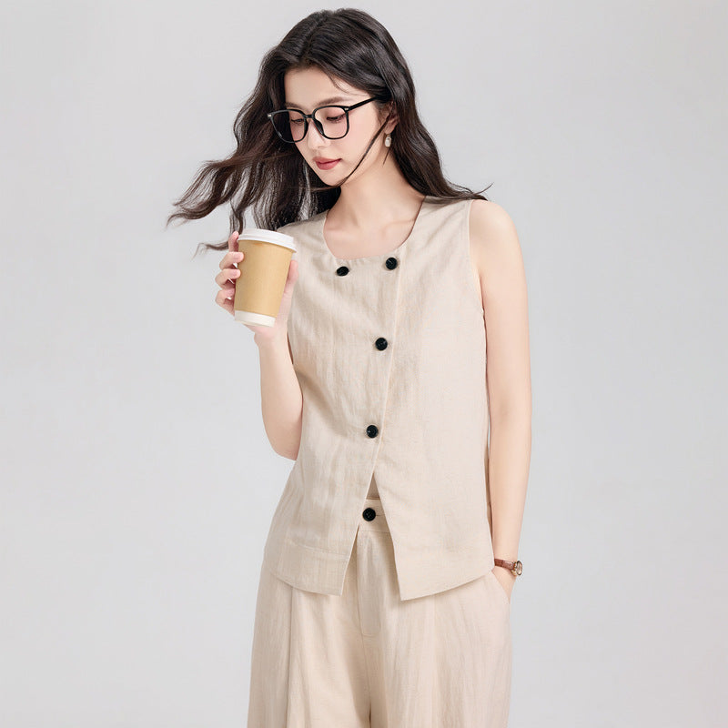 Completo Gilet Pulito e Pantaloni Ampi Avena - Beige lino
