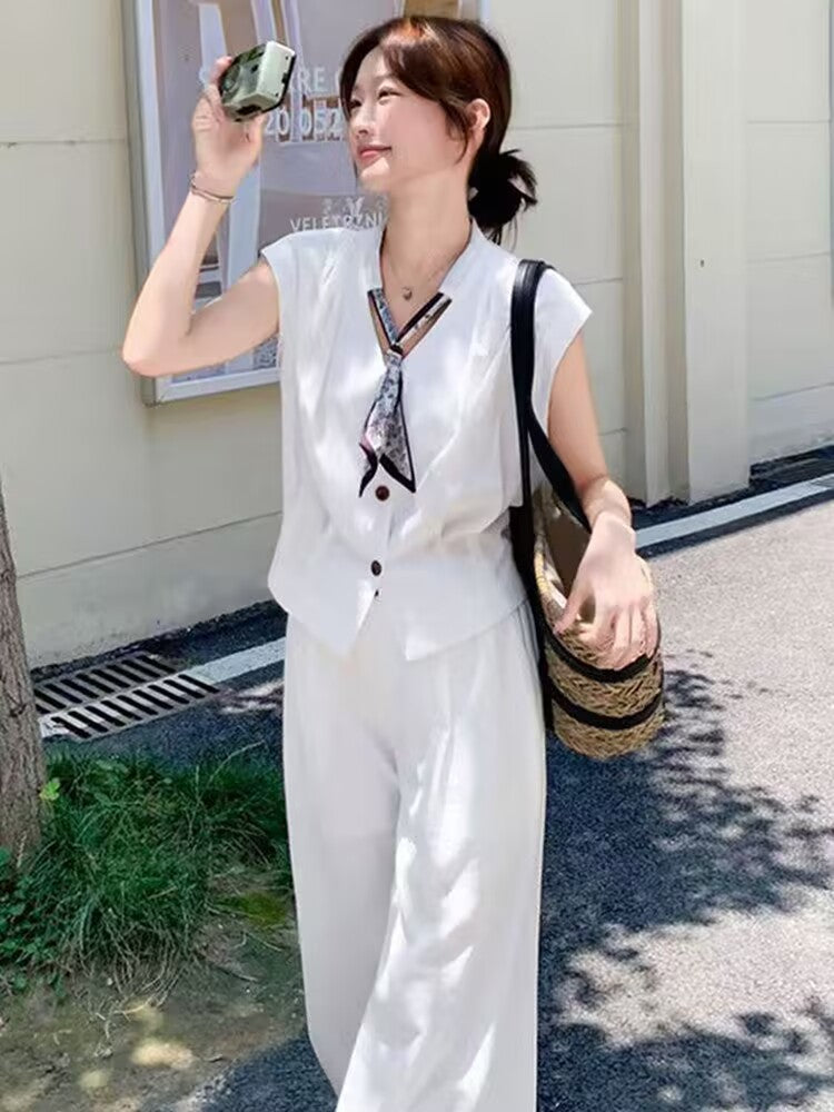 Completo Bianco con Gilet e Pantaloni Ampi - Bianco
