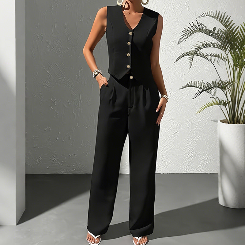 Completo Gilet Elegante e Pantaloni Palazzo Beige - Beige lino