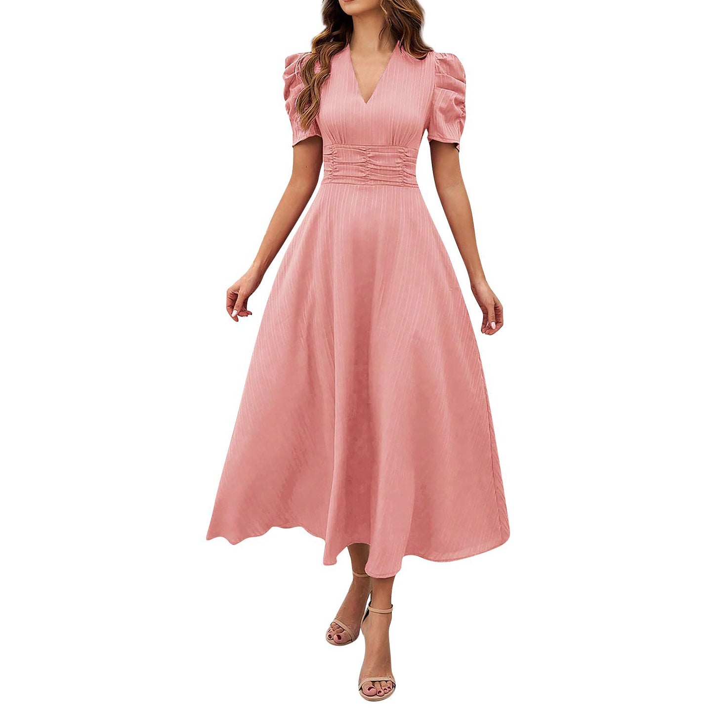 Abito midi con scollo a V e vita alta - Rosa