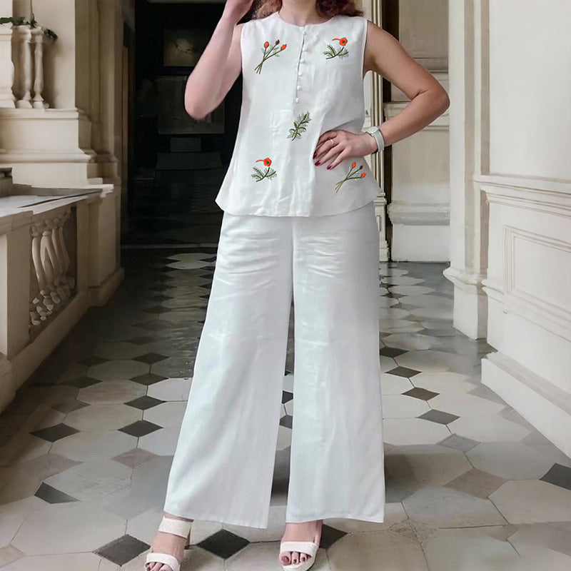 Completo Gilet Ricamato e Pantaloni Palazzo - Bianco