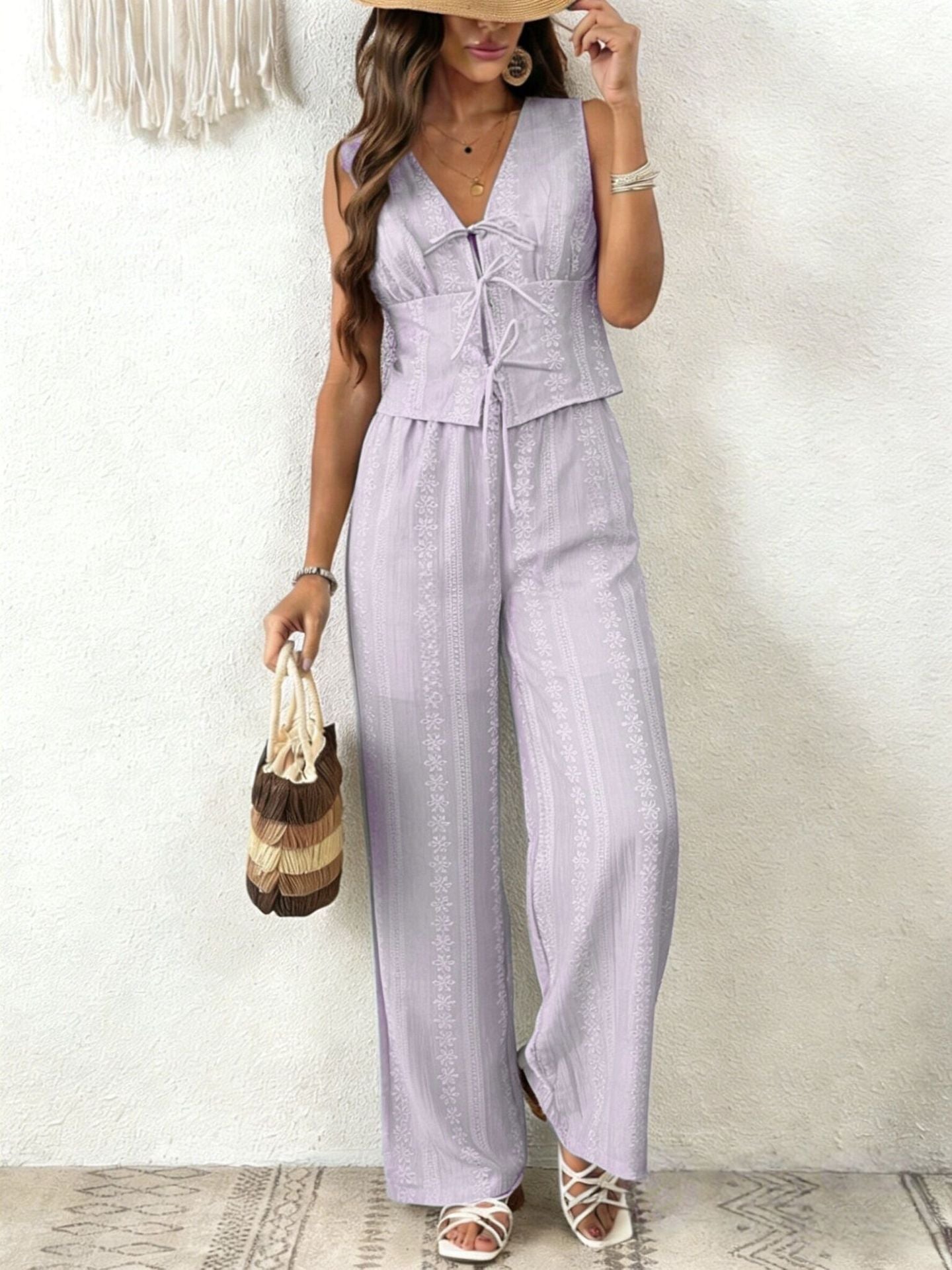 Completo Gilet con Lacci e Pantaloni Ampi - Lavanda