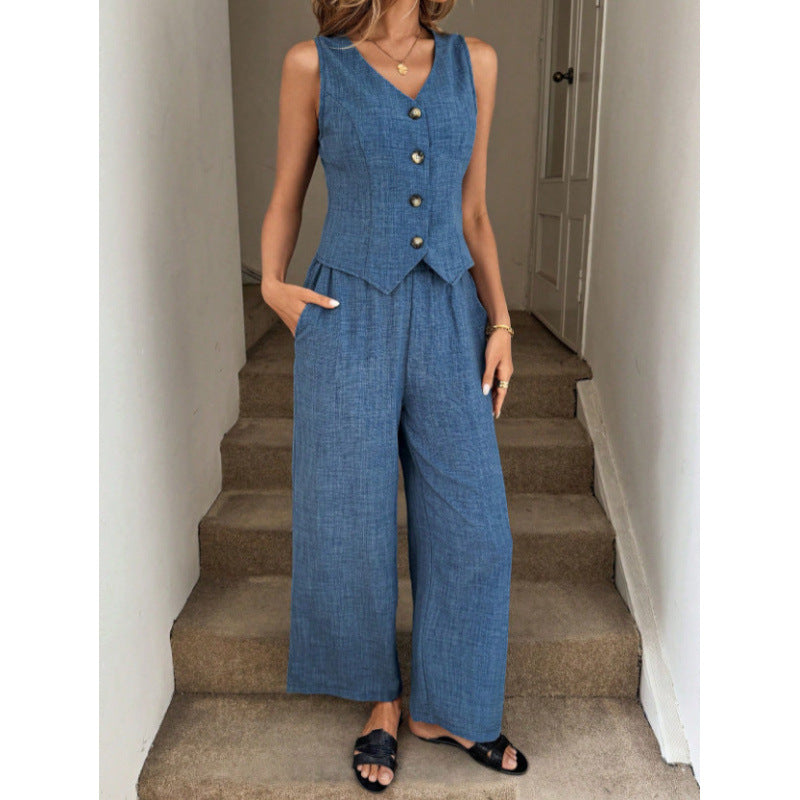 Completo Gilet V e Pantaloni Ampi Blu Lino - Blu