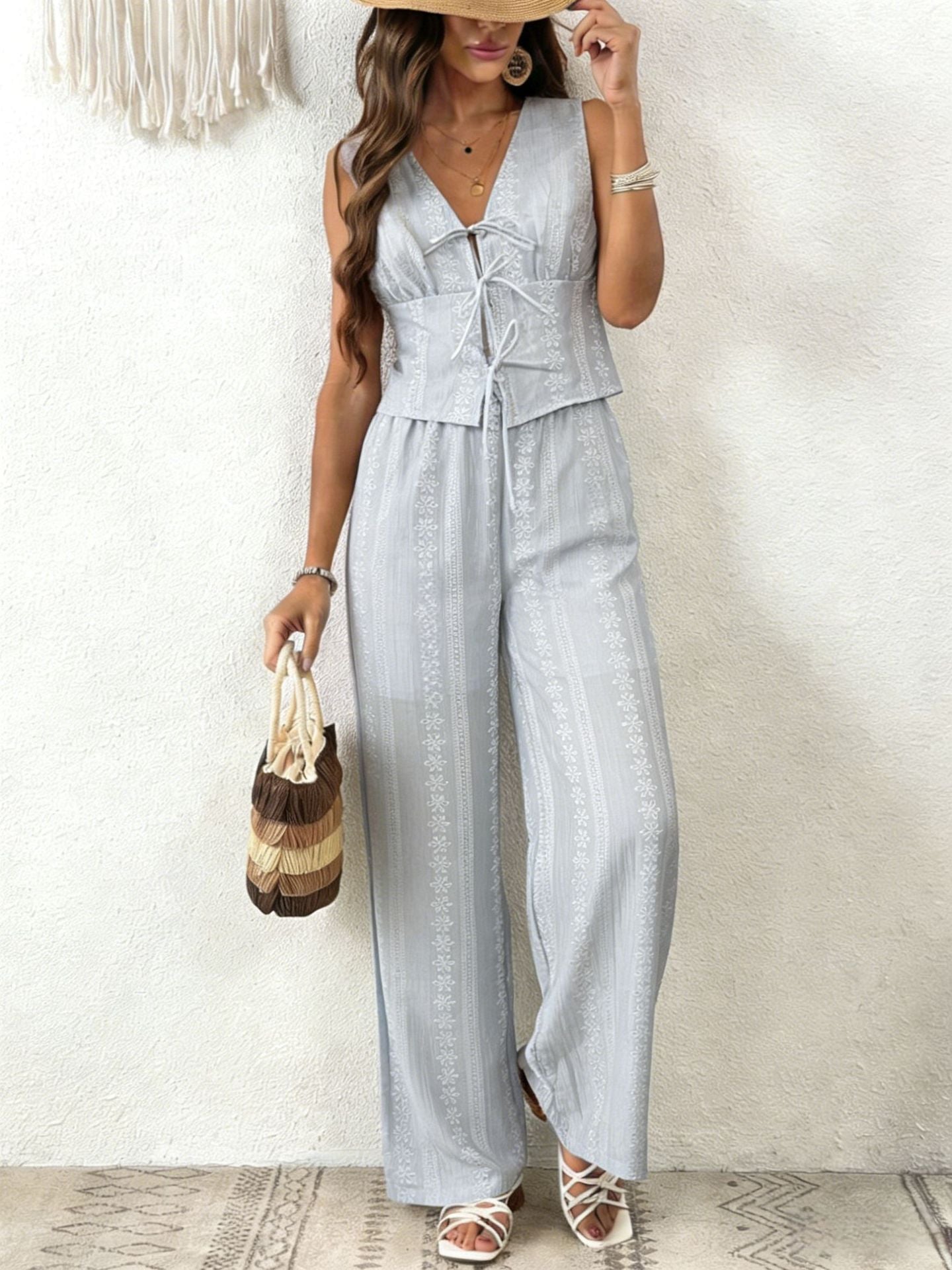 Completo Gilet con Lacci e Pantaloni Ampi - Azzurro