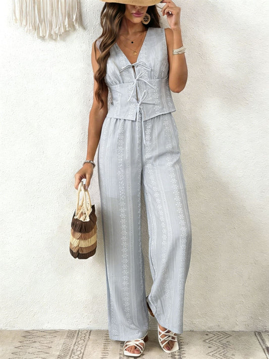 Completo Gilet con Lacci e Pantaloni Ampi - Azzurro