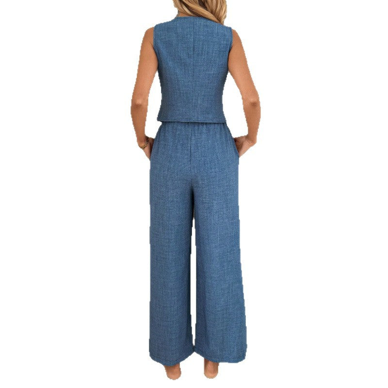 Completo Gilet V e Pantaloni Ampi Blu Lino - Nero