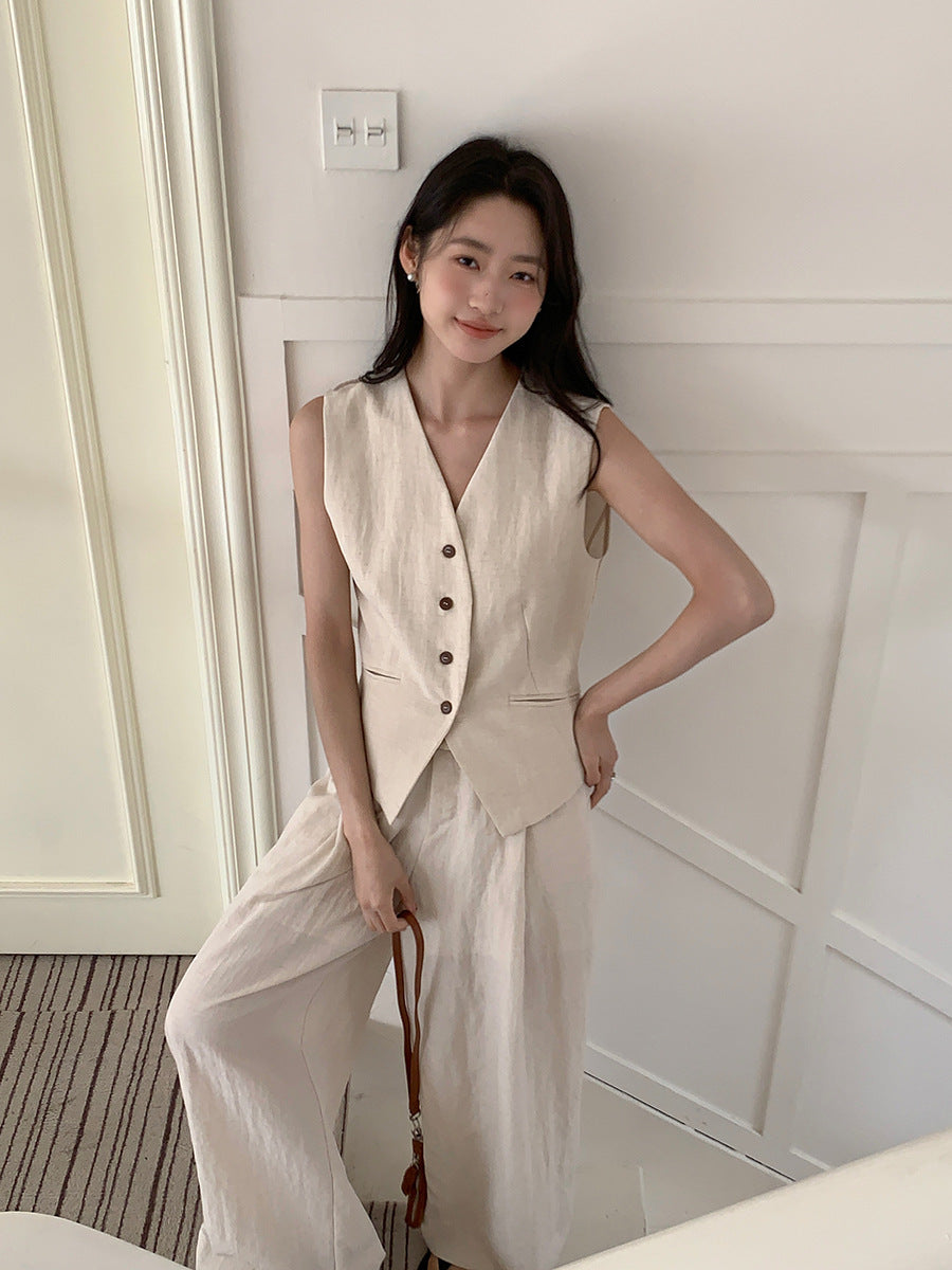 Completo Gilet Sartoriale e Pantaloni Dritti - Beige lino