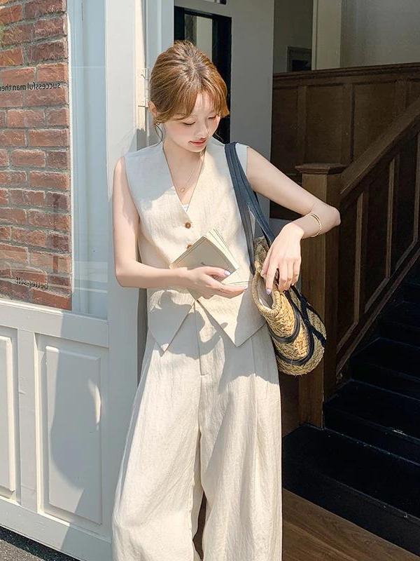 Completo Gilet Effetto Lino Old Money - Avorio