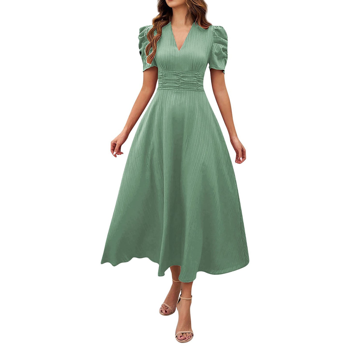 Abito midi con scollo a V e vita alta - Verde