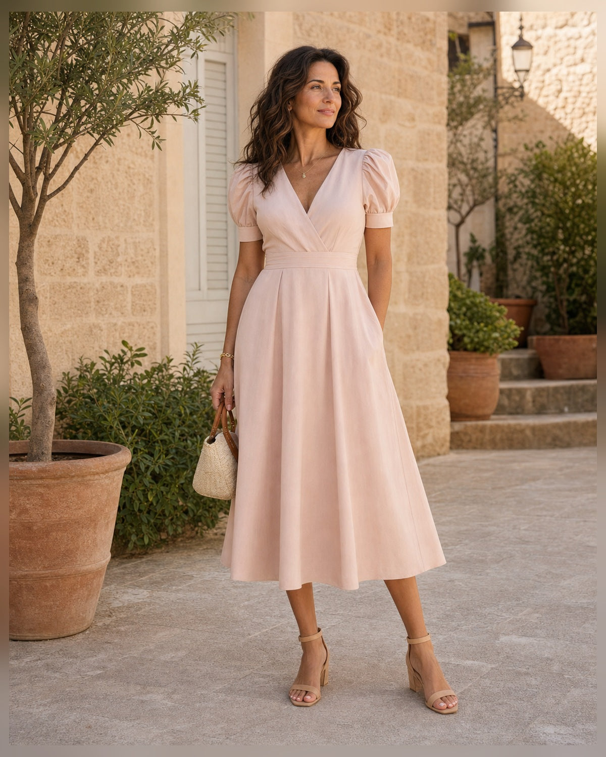 Abito midi con scollo a V e vita alta - Rosa chiaro, look mediterraneo elegante