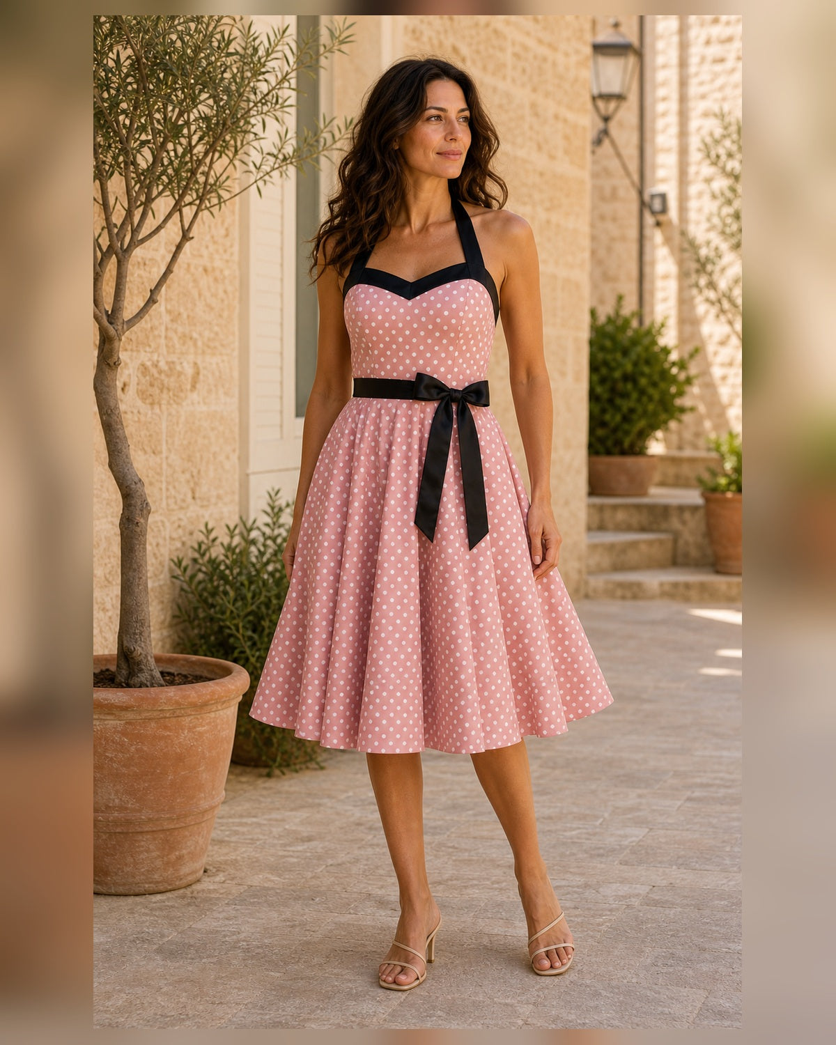 Abito a pois con scollo halter - Rosa, look mediterraneo elegante