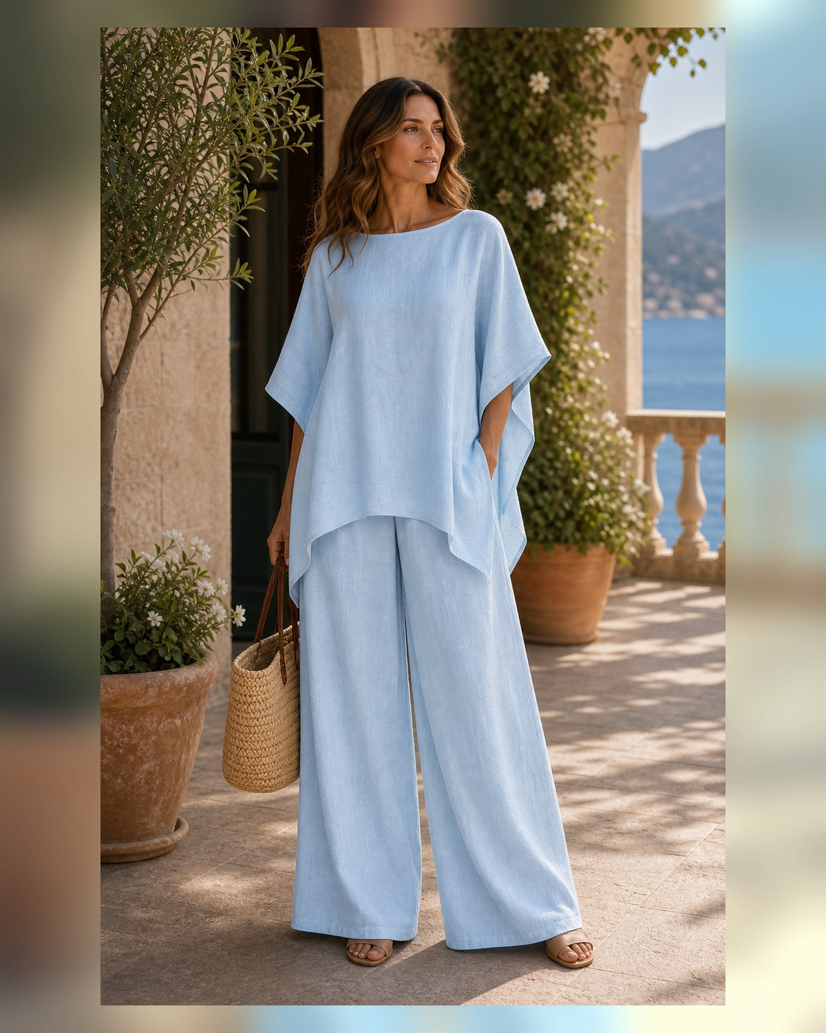 Completo Avorio in Lino con Camicia Morbida - Azzurro, look resort elegante