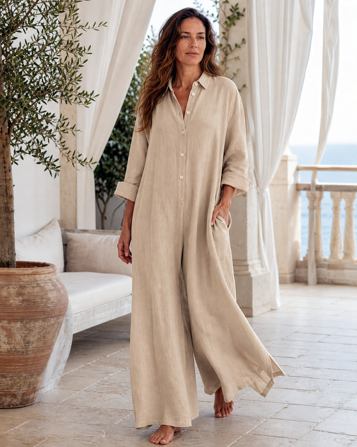 Tuta Palazzo in Cotone-Lino con Bottoni - Beige, look resort elegante