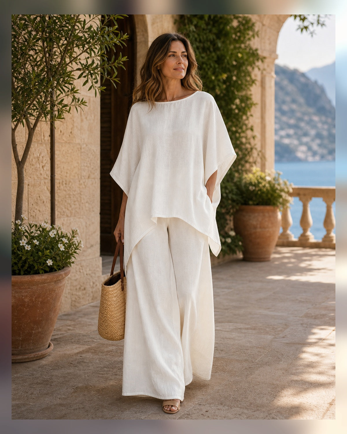 Completo Relax Camicia e Pantaloni in Lino - Bianco, look resort elegante