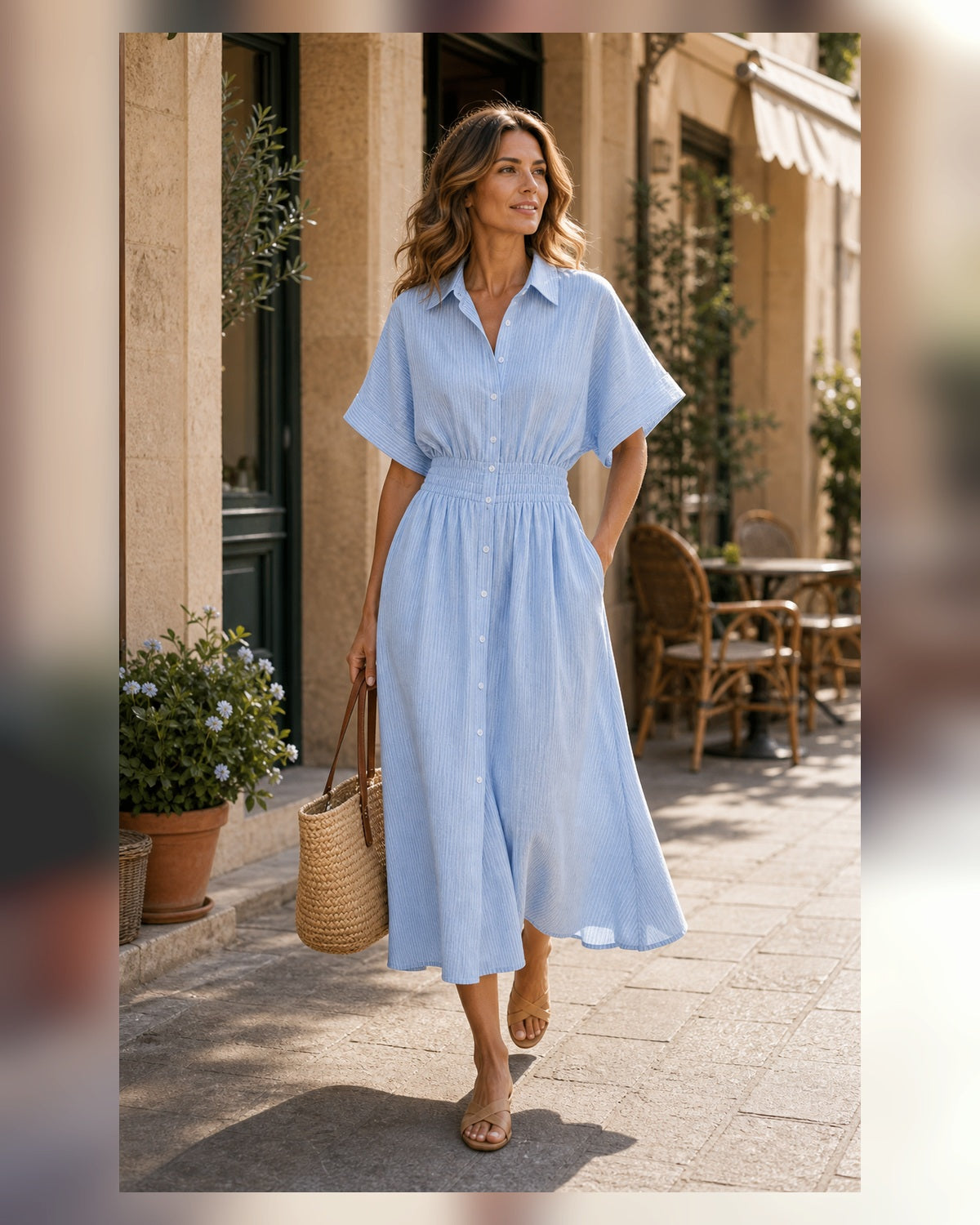 Abito Chemisier Rosa con Vita Arricciata - Blu, look estate elegante