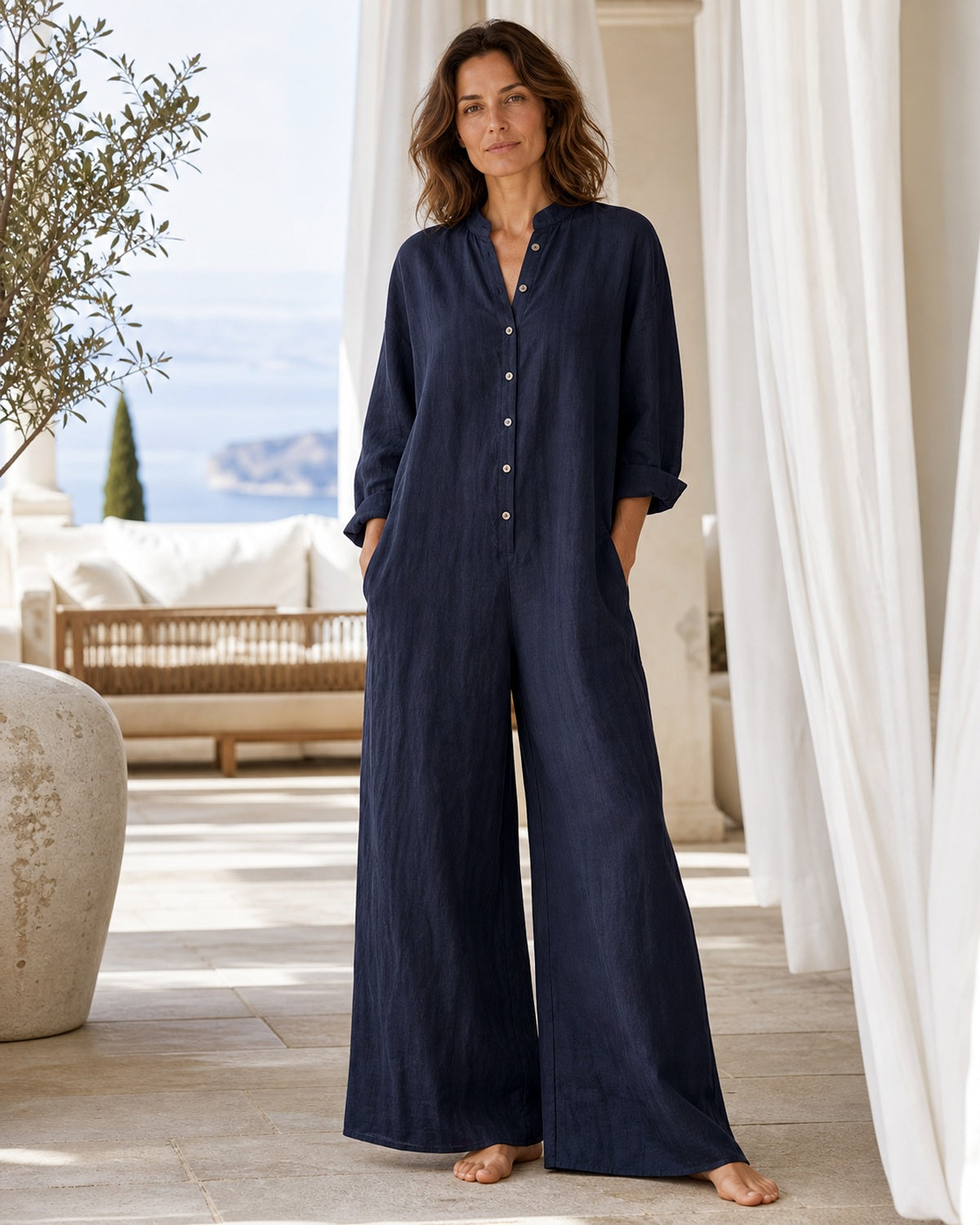 Tuta Palazzo in Cotone-Lino con Bottoni - Blu navy, look resort elegante
