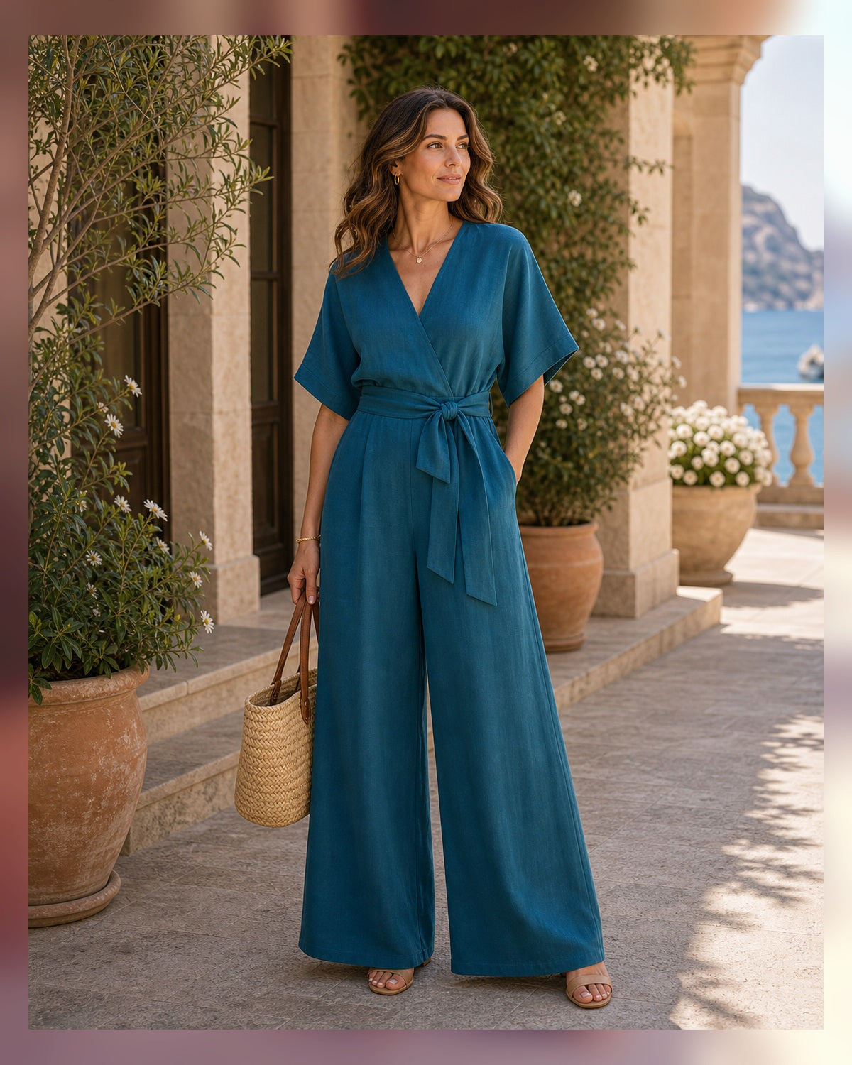 Tuta Scollo a V e Gamba Ampia - Blu Pavone, look resort elegante